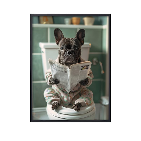 Black French Bulldog Sitting on Toilet Reading Newspaper,Funny Dog on Loo,Dog in Bathroom Wall Art,Dog on Toilet Wall Art Canvas Poster Gift