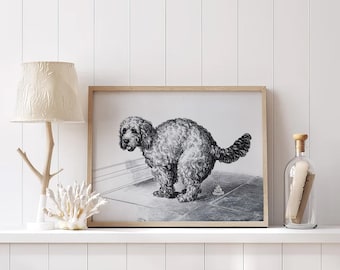 Può includere: Stampa in bianco e nero incorniciata di un cane in posizione accovacciata. Il cane è di razza soffice e l'opera d'arte è un'illustrazione dettagliata. La stampa è esposta su una mensola bianca con una lampada e oggetti decorativi.