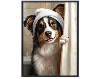 Australian Shepherd Dog in Bathtub, Shower Dog Bathroom Decor, Dog in Bath, Australian Shepherd Bathroom Wall Art Poster Gift,Dog Lover Gift