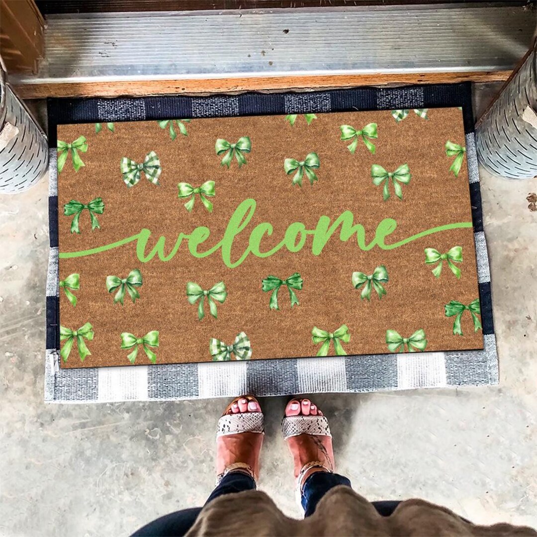 Welcome Green Bow Doormat, Watercolor Green Bow Welcome Doormat, Green ...