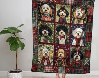 May include: A Christmas-themed quilt featuring a patchwork design with nine squares. Each square has a different image of a dog wearing a festive scarf and hat. The quilt is made of red, green, and white fabric with a plaid pattern.