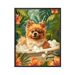 Pomeranian Dog in Bathtub, Dog in Tropical Botanical Bathroom Decor, Dog in Bath, Bathroom Wall Art, Pomeranian Poster Gift, Dog Lover Gifts