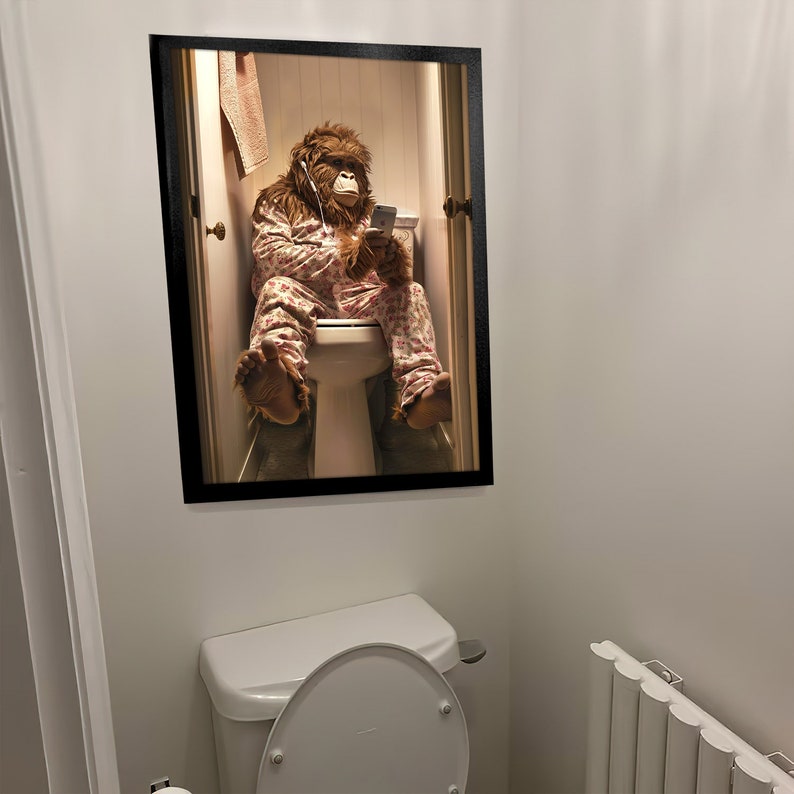 Bigfoot Sitting on Toilet on Mobile Phone, Funny Animal on Loo, Bigfoot