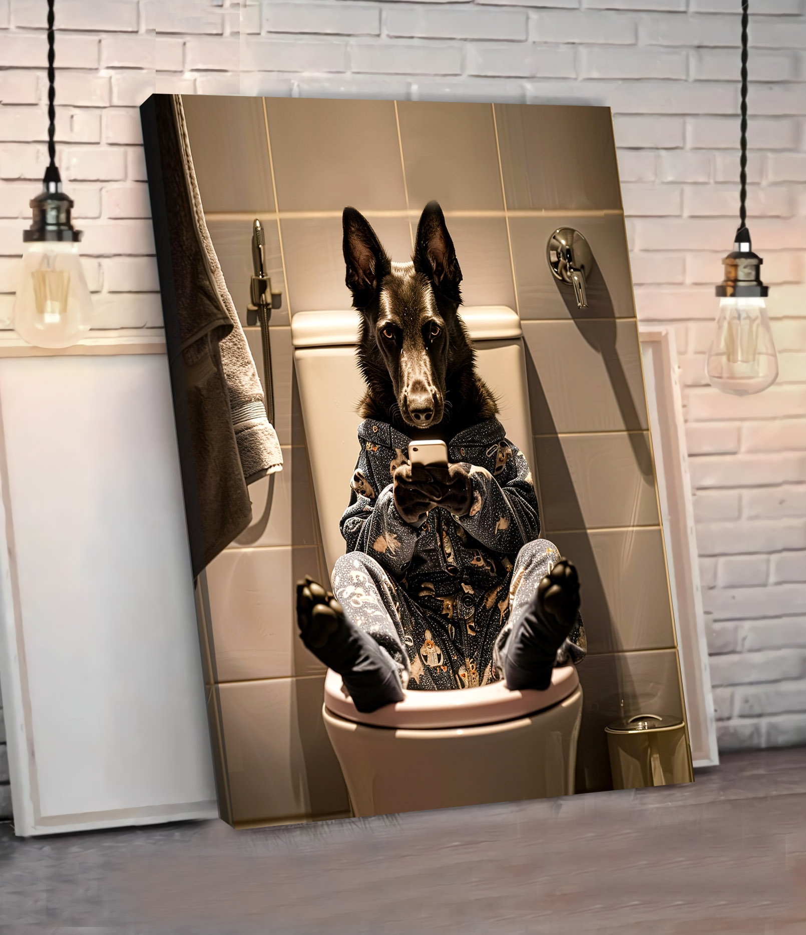 Nederlandse herder zittend op toilet op mobiele telefoon, grappige hond  foto dier bad badkamer muur kunst, hond op toilet muur kunst canvas poster  hond - Etsy België, image size:1610x1868