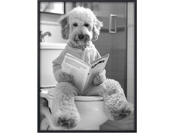 Goldendoodle Sitting on Toilet Reading Newspaper, Funny Dog Picture Animal Bath Bathroom Wall Art, Dog on Toilet Wall Art Canvas Poster Dog
