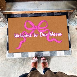 Welcome to our Dorm Door Mat, Welcome Pink Bow Doormat, Dormitory Pinky Welcome Doormat, Bow Lover Gift, Pink Doormat, Girly Doormat