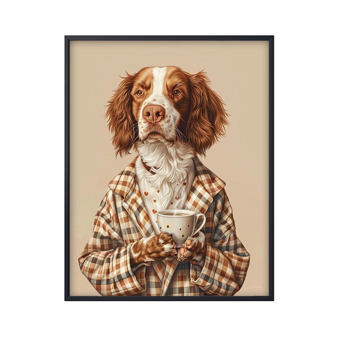 Brittany Spaniel Dog Dressed in Pajamas Holding Cup, Drinking a Cup of ...