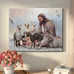 Arte de parede com Deus cercado por um gato Sphynx, pôster de anjos com Jesus, pôster em tela de Deus com um gato, pôster de gato Sphynx, presentes para amantes de gatos, presentes cristãos