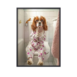 Ruby Cavalier King Charles Spaniel Sitting on Toilet on Mobile Phone, Dog Picture Bathroom Wall Art, Animal on Toilet Wall Art Canvas Poster