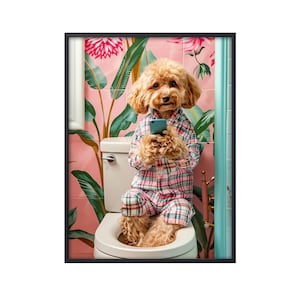 May include: A brown and white poodle wearing pink and white plaid pajamas sits on a white toilet in a bathroom with pink and green floral wallpaper. The poodle is holding a blue smartphone in its paws.