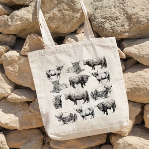 Highland Cow Tote Bag, Farm Tote Bag, Cow Bag, Farm Bag, Hand Drawn Design By Miumaxgift, Natural Cotton Tote Bag, Eco-Friendly Tote Bag
