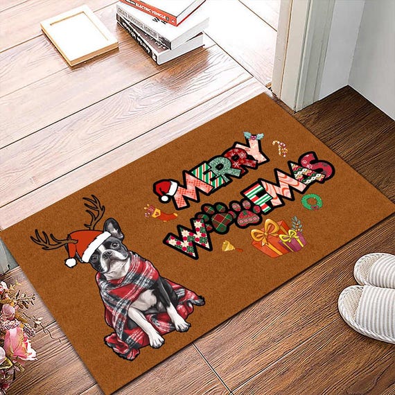Boston Terrier Mat, Boston Terrier Doormat, Christmas Decor, Merry