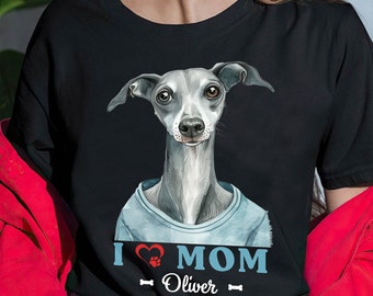 May include: Black t-shirt featuring a blue and white illustration of an Italian Greyhound dog. The text "I love Mom - Oliver -" is printed on the shirt.