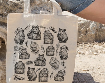 Hamster Tote Bag, Hamster Bag, Hamster Tote , Hand Drawn Design By Miumaxgift, Natural Cotton Tote Bag, Eco-Friendly Tote Bag