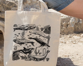 Whales Tote Bag, Design By Miumaxgift, Ocean Life Bag, Cotton Tote Bag, Eco-Friendly Tote Bag, Animal Bag