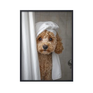 Goldendoodle in Bath, Dog Poster Gifts, Funny Dog Shower in Bath Bathroom Wall Art, Goldendoodle Dog Lover Gifts, Dog Canvas, Dog Lover Gift