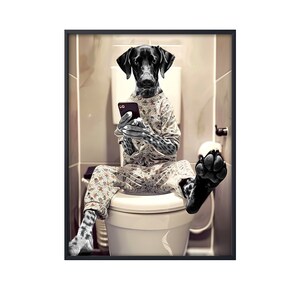German Shorthaired Pointer Sitting on Toilet on Mobile Phone, Funny Dog Bath Bathroom Wall Art, Dog on Toilet Wall Art Canvas Poster Pointer