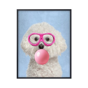 Bichon Frise Portrait Blowing Bubble Gum, Wearing Goggles, Bichon Frise Poster Canvas Wall Art, Bichon Frise Lover Gift, Custom Dog Portrait