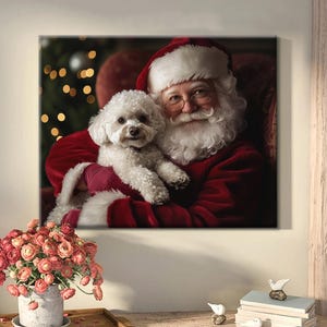 Póster de Papá Noel y perro maltipoo abrazados, póster de Papá Noel, impresión artística de Papá Noel con perro, regalos de Navidad para Papá Noel, regalos para amantes de los maltipoos
