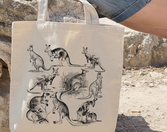 Sac fourre-tout en toile kangourou, fourre-tout kangourou, sac kangourou dessiné à la main, cadeau d'amant de kangourou, sac animal des bois, sac à provisions, fourre-tout écologique