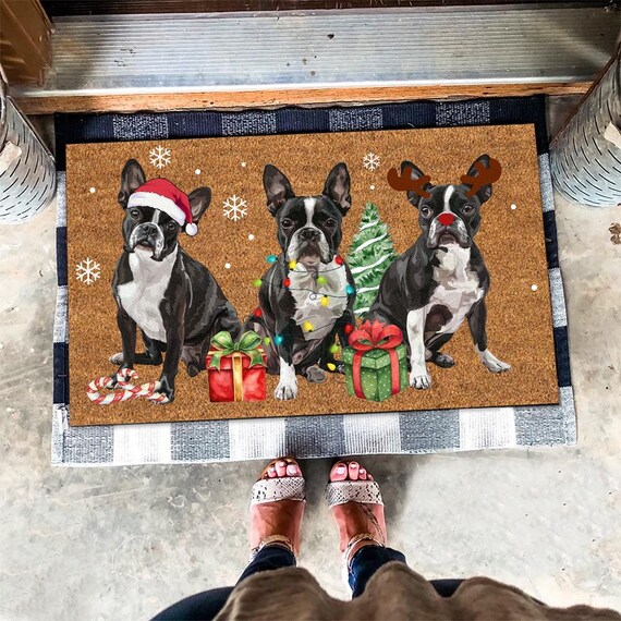 Christmas Boston Terrier Mat, Cute Boston Terrier Doormat