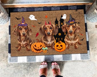 Alfombra de Halloween con diseño de perro salchicha marrón, felpudo de la temporada espeluznante, felpudo de Halloween, regalos para amantes de los perros salchicha, felpudo de Halloween con diseño de perro, regalos de decoración de otoño