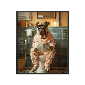 Engelse Mastiff zittend op toilet krant lezen, grappige hond foto dier bad badkamer muur kunst, hond op toilet muur kunst canvas poster hond