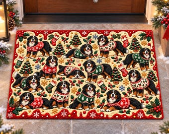 Bernese Mountain Dog Xmas Pattern Doormat, Faux Embroidered Mat, Christmas Gift, Dog Xmas Gift, Holiday Porch Decor, Dog Lover Housewarming