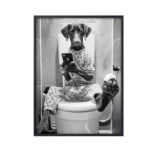 Deutscher Kurzhaar Pointer sitzen auf Toilette am Handy, lustiger Hund Badewanne Badezimmer Wandkunst, Hund auf Toilette Wandkunst Leinwand Poster Pointer
