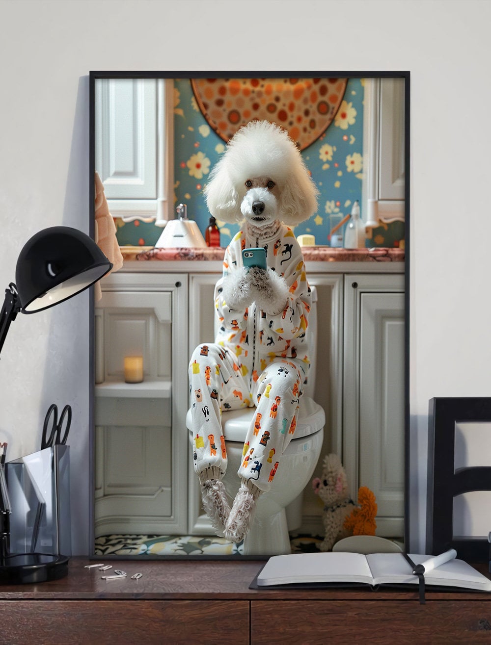 Poodle Sitting on Toilet, Poodle on Phone, Dog on Toilet, Poodle