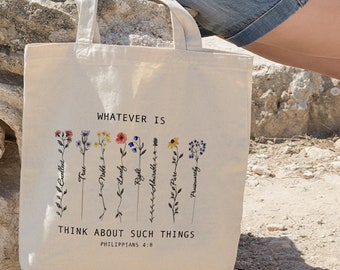 Philippians 4:8 Christian Tote Bag, Wildflower Tote Bag, Bible Verse Tote Bag, Jesus Tote Bag, God Tote Bag, Eco Friendly Tote Bag