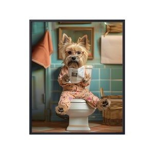 Black Cairn Terrier Sitting on Toilet Reading Newspaper,Cairn Terrier Dog Picture Bathroom Wall Art, Animal on Toilet Wall Art Canvas Poster