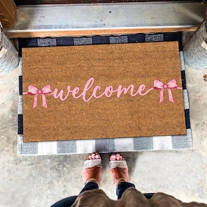 Welcome Pink Bow Doormat, Watercolor Pinky Bow Welcome Doormat, Watercolor Bow Lover Gift, Pink Doormat, Pink Bow Ribbon Minimalist Doormat