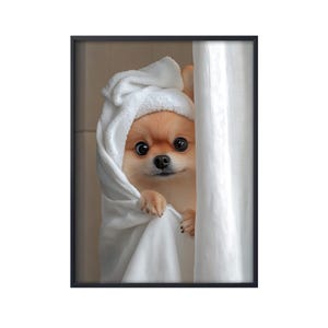 Brown Pomeranian in Bath, Pomeranian Shower Dog Bathroom Decor, Dog in Bathroom Wall Art, Dog on Toilet Wall Art Canvas Poster Gifts