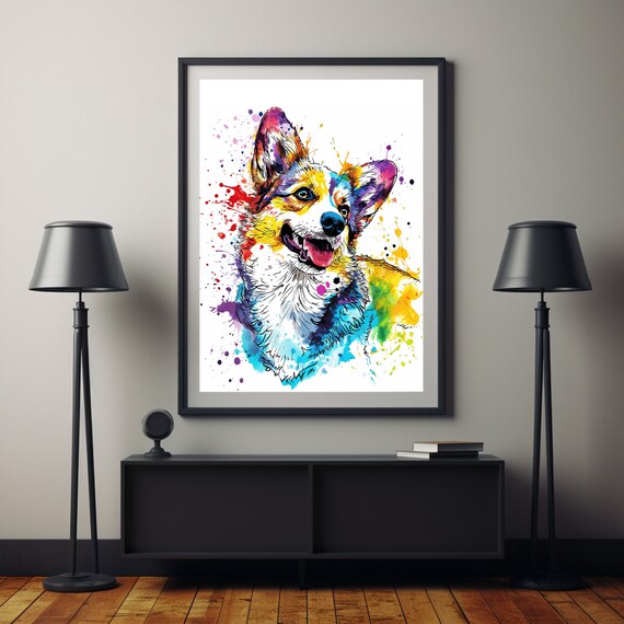 カラフルなコーギーのウォールアート、水彩画の犬のキャンバス、水彩画
