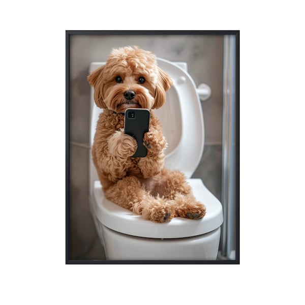 Cavapoo Sitting on Toilet on Mobile Phone, Funny Dog on Loo, Cavapoo Dog in Bathroom Wall Art, Dog on Toilet Wall Art Canvas Poster Gifts