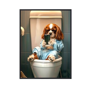 Cavalier King Charles Spaniel Sitting on Toilet on Mobile Phone, Dog Picture Bathroom Wall Art, Animal on Toilet Wall Art Canvas Poster Dog
