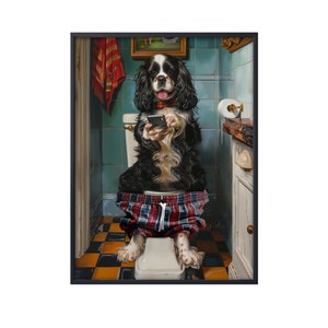 Cavalier King Charles Spaniel Sitting on Toilet on Mobile Phone, Dog Picture Bathroom Wall Art, Animal on Toilet Wall Art Canvas Poster Dog