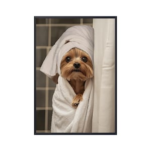 Póster de Yorkshire Terrier en la bañera, impresión en lienzo, divertido perro de ducha, arte de pared para baño, regalo para amantes de los Yorkshire Terrier