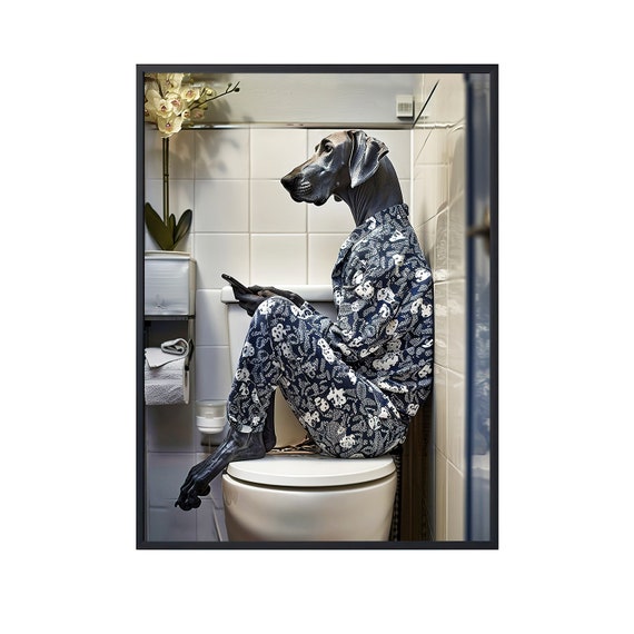 Tableau Toile Great Dane Aux Toilettes - Art Mural Humour Chien Drôle