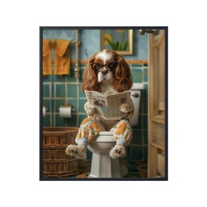 Cavalier King Charles Spaniel Sitting on Toilet Reading Newspaper, Dog Picture Bathroom Wall Art, Animal on Toilet Wall Art Canvas Poster
