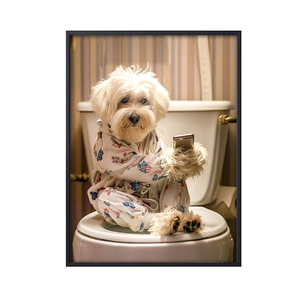 Coton de Tulear Sitting on Toilet on Mobile Phone, Funny Dog on Loo, Coton de Tulear Bathroom Wall Art, Dog on Toilet Wall Art Canvas Poster