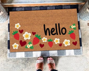 Strawberry Doormat, Strawberry Mat, Strawberry Decor, Strawberry Lover Gifts, Gift for Gardener, Strawberry Welcome Mat, Hello Flower Rug