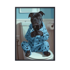 Black Staffordshire Bull Terrier Sitting on Toilet on Mobile Phone, Funny Dog Picture Animal Bath Bathroom Art, Dog on Toilet Canvas Poster