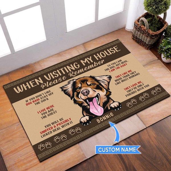 Felpudo de pastor australiano personalizado, regalo de amante de pastor australiano, alfombra de pastor australiano, felpudo de perro personalizado, felpudo de perro divertido, nombre de perro