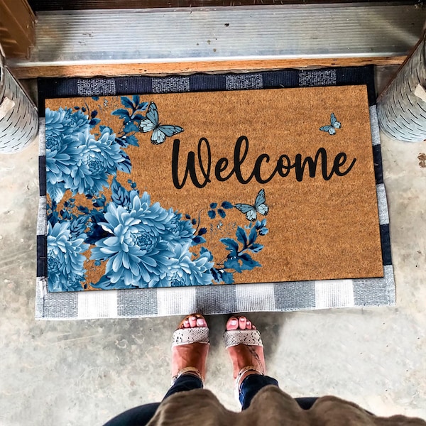 Blue Floral Welcome Door Mat, Blue Flower Theme Doormat, Blue Flowers Welcome Doormat, Indoor Doormat, Outdoor Doormat, Floral Front Doormat