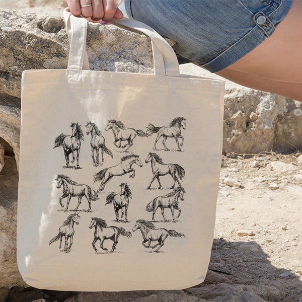 Horse Cotton Tote Bag, Farm Tote Bag, Horse Bag, Farm Tote Bag, Hand Drawn Design By Miumaxgift, Cotton Tote Bag, Eco-Friendly Tote Bag
