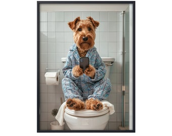 Airedale Terrier Sitting on Toilet on Mobile Phone, Airedale Terrier Poster, Funny Dog Poster, Bathroom Art, Dog on Toilet, Dog Toilet Decor