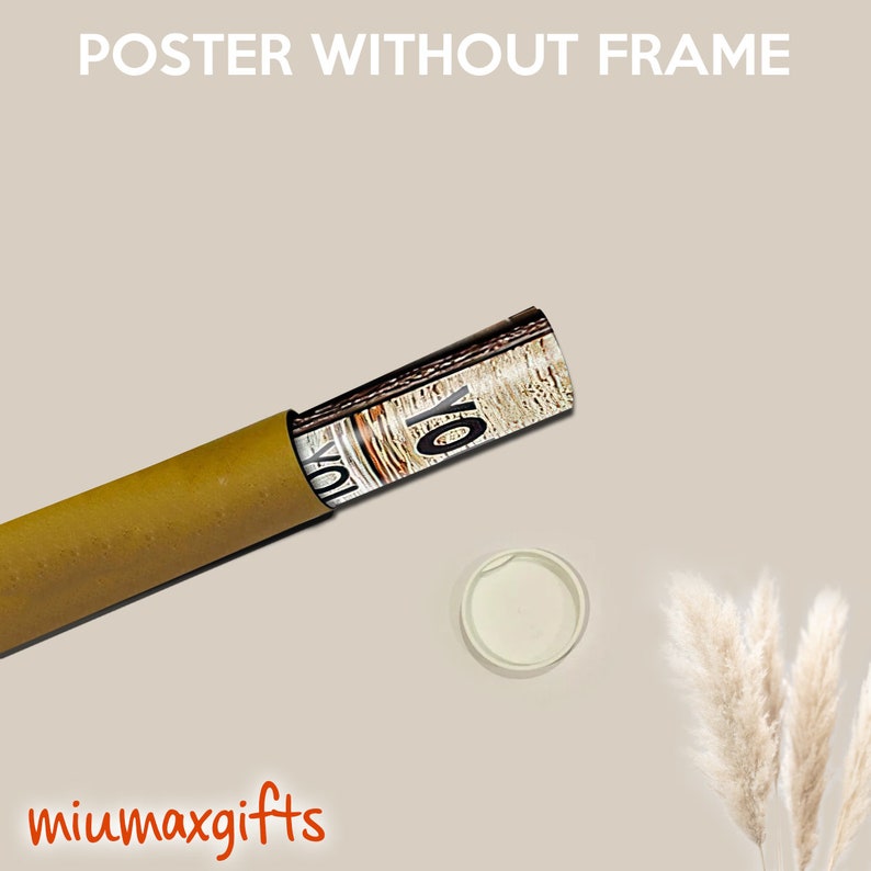 May include: A brown cardboard tube with a rolled up poster inside. The poster is visible at the end of the tube and has a brown and white pattern with the word "VOL" visible. The tube is on a light brown surface. The text "POSTER WITHOUT FRAME" is at the top of the image. The text "miumaxgifts" is at the bottom of the image.