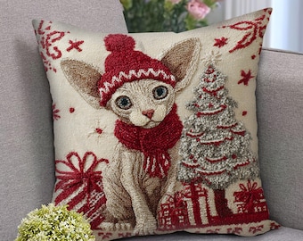 Weihnachtskissenbezug mit Sphynx-Katze, Kissen mit Sphynx-Katze und Geschenken, niedliches Dekokissen für die Weihnachtszeit, Sphynx-Geschenke